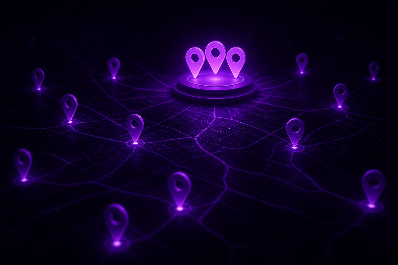 Mapa minimalista escuro com várias localizações marcadas por pins violetas; um grupo de três pins ao centro-topo brilha mais intensamente sobre um pedestal luminoso, representando o pacote local de três empresas.