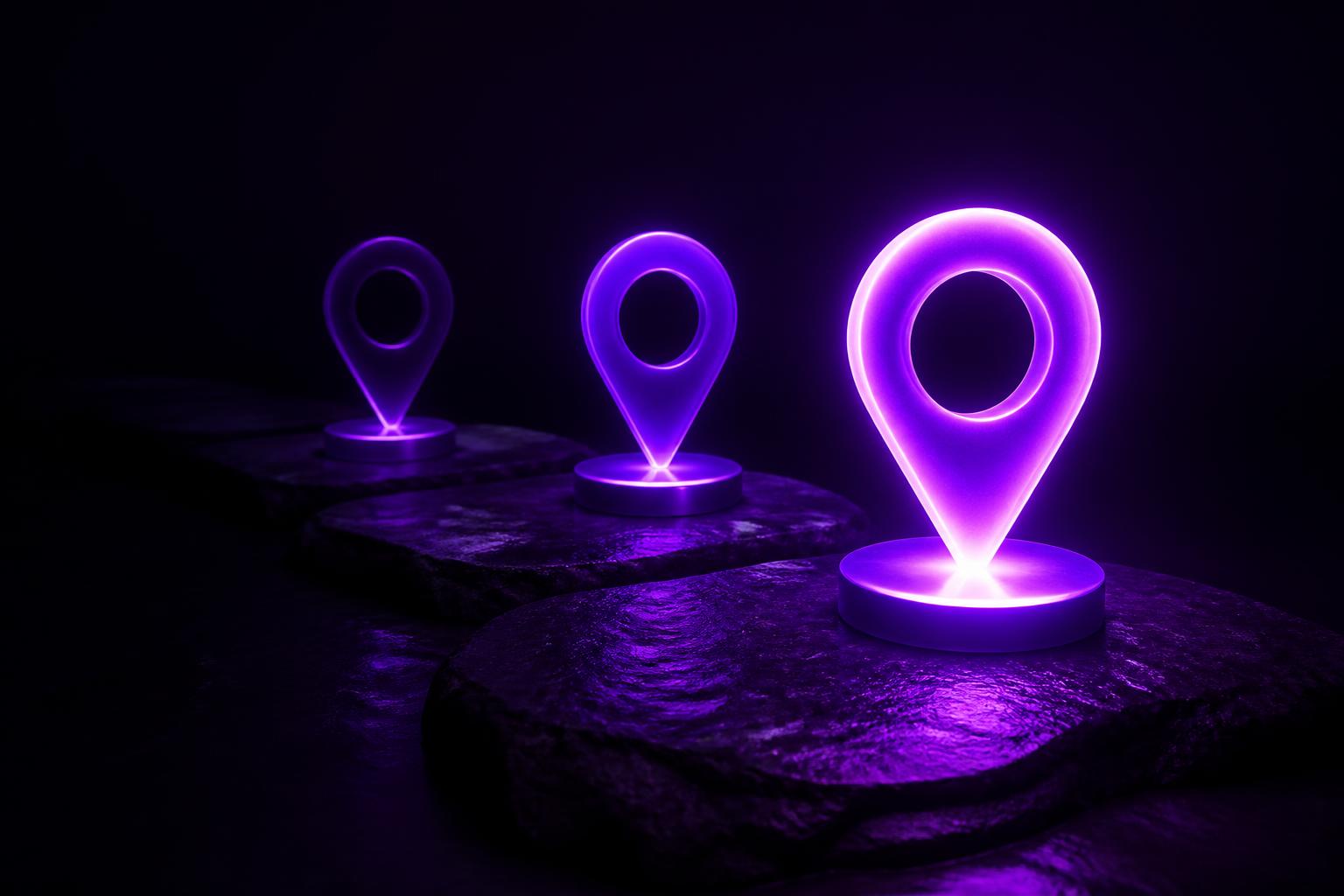 Três marcadores luminosos violetas alinhados ao longo de um caminho que se aprofunda em direção ao horizonte, cada um progressivamente mais brilhante, representando as etapas Descoberta, Consideração e Decisão.