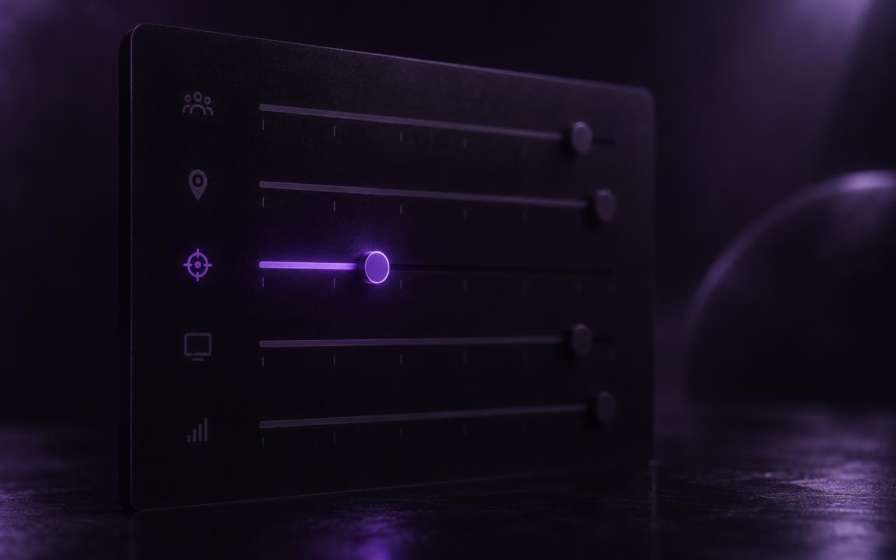 Um painel de configuração de público com vários controles deslizantes no escuro, a maioria estendida até o fim de forma fraca e ampla, e um único controle ajustado numa posição precisa, brilhando forte em violeta, representando a segmentação de público mais específica dentro da campanha.