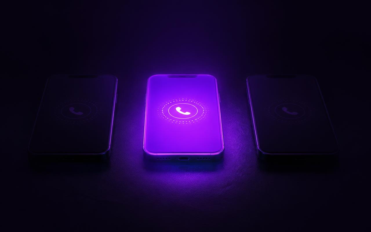 Três celulares no escuro tocando ao mesmo tempo, representando alguém chamando três prestadores de serviço simultaneamente. Um deles conecta e brilha forte, enquanto os outros dois perdem a luz e ficam sem resposta, representando quem atende primeiro fechando o negócio.