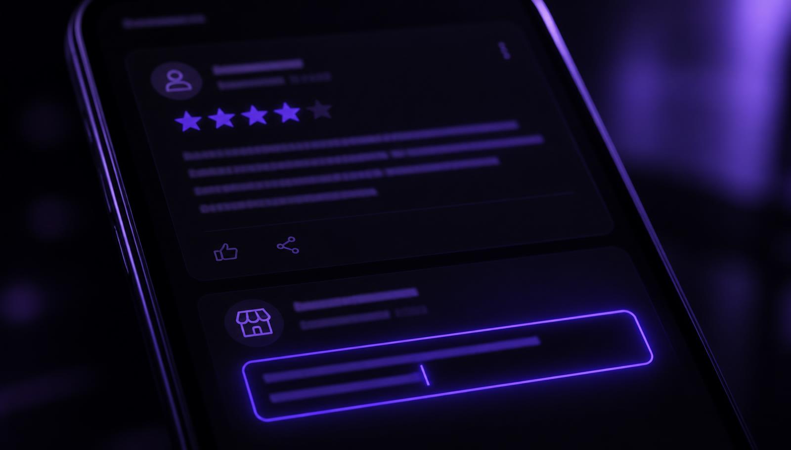 Close da tela de um celular no escuro com um cartão de avaliação de cliente, estrelas e um trecho de texto, e logo abaixo o campo de resposta do dono do negócio sendo digitado, com cursor piscando e brilho violeta.