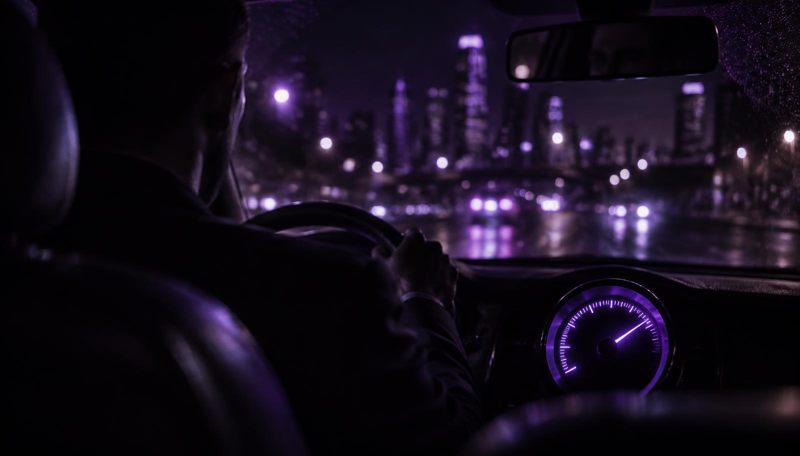 Vista de dentro de um táxi à noite, luzes da cidade desfocadas do lado de fora, a silhueta do motorista olhando reto para a estrada escura, enquanto um único marcador do painel brilha violeta em foco nítido em primeiro plano, representando tocar o negócio para frente sem checar o instrumento que revela o que está realmente acontecendo.