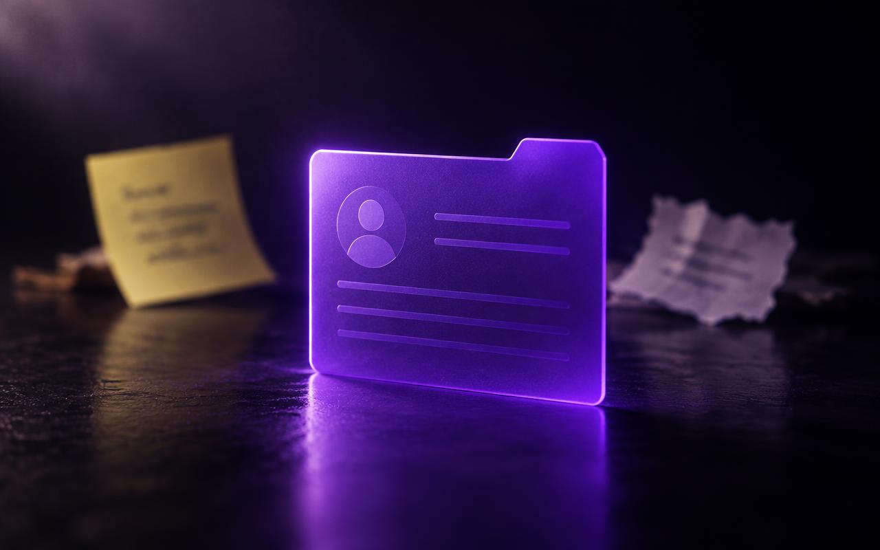 Um cartão de ficha único, violeta e em foco nítido, em pé no escuro, enquanto um post-it e um papel rasgado aparecem desfocados ao fundo, representando um único registro substituindo anotações espalhadas.
