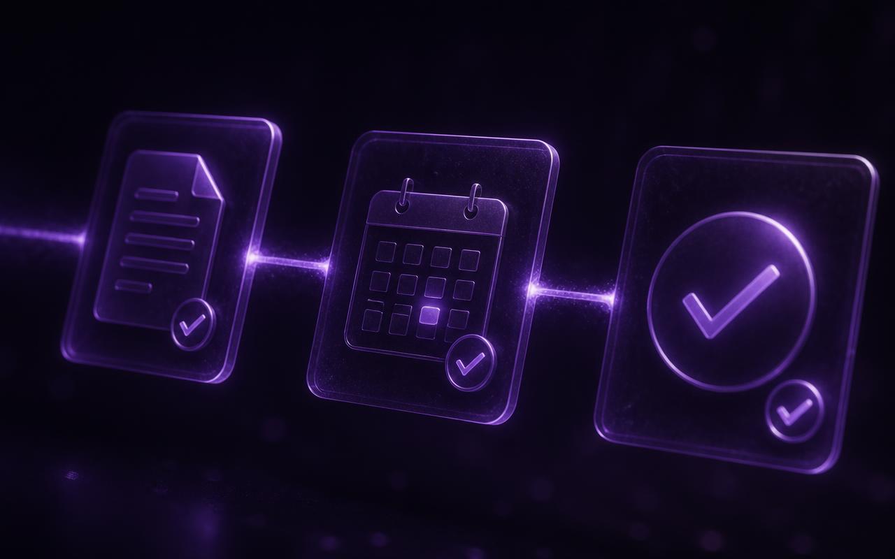 Corrente de pequenos painéis de interface flutuando no escuro, cada um com uma etapa de tarefa concluída (um documento de proposta, um calendário com data marcada e um check final), ligados por um fio fino de luz violeta que pulsa de um painel ao outro.