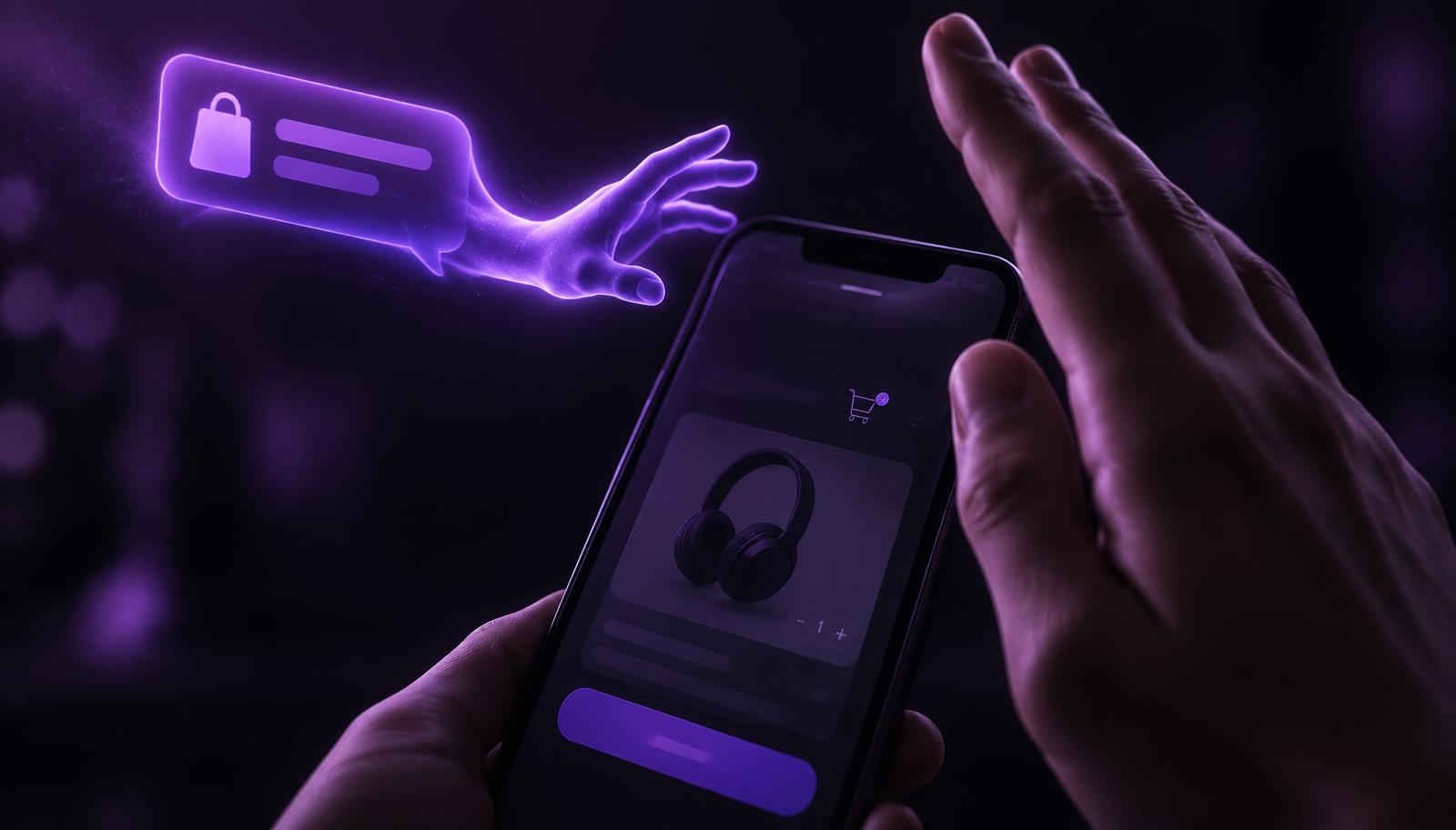 Uma mão prestes a fechar a tela do celular com uma página de produto e carrinho abertos, enquanto um balão de notificação violeta aparece se estendendo em direção à mão, representando um anúncio alcançando o visitante bem no momento em que ele ia embora sem comprar.
