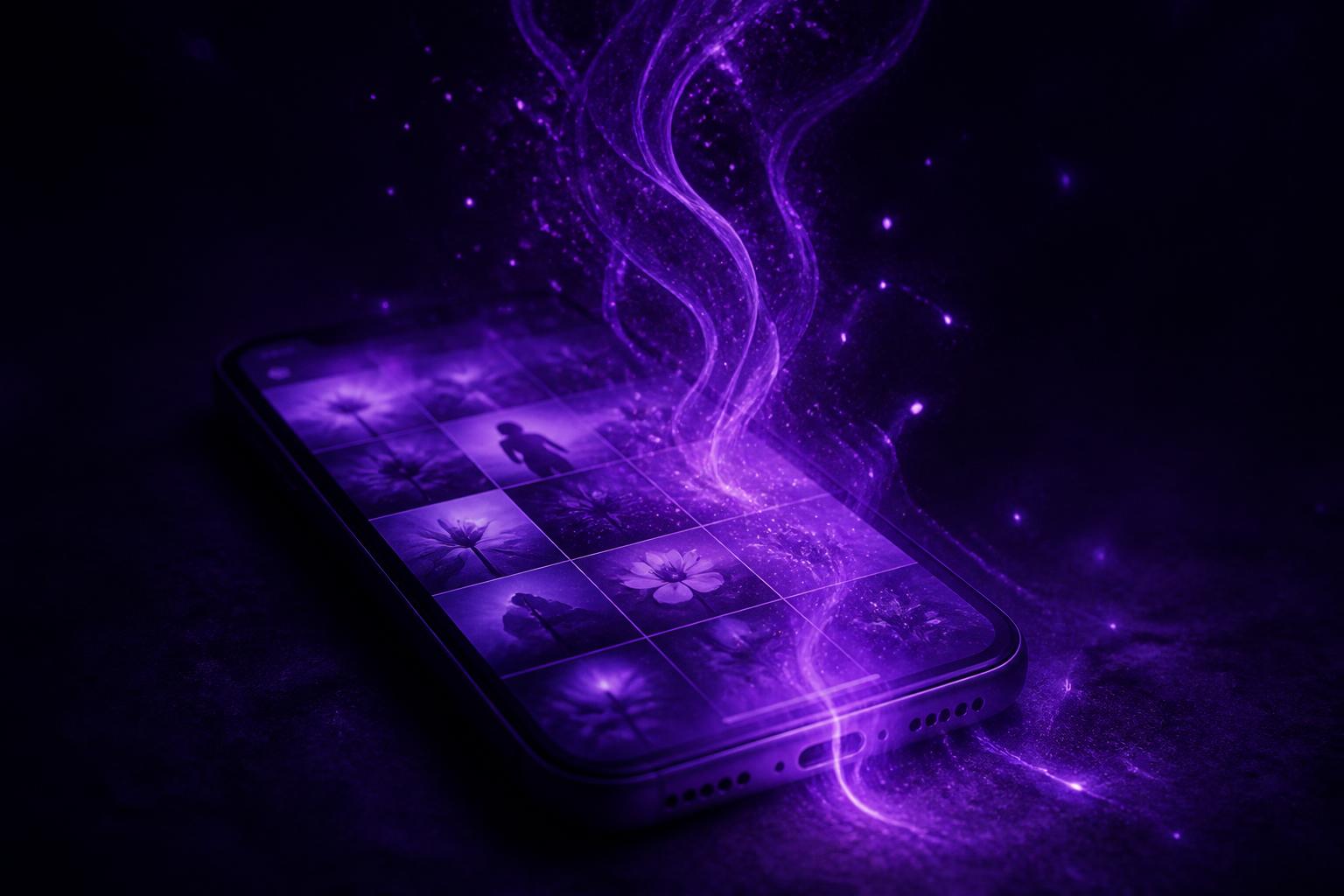 Smartphone em fundo escuro com a tela brilhando em violeta e mostrando um feed do Instagram; partículas e fios de luz violeta escapam da tela como se a verba do anúncio estivesse evaporando.