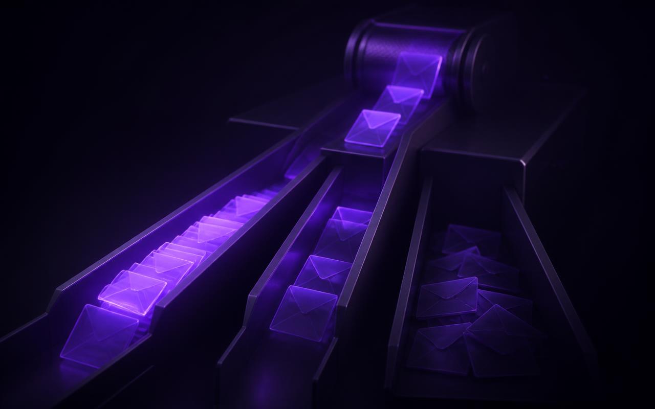 Cartões de mensagem sendo distribuídos em três trilhas no escuro: uma trilha violeta brilhante e cheia representando as mensagens respondidas na hora, uma trilha mais fraca representando as respondidas depois, e uma trilha quase apagada com cartões empilhados representando as mensagens nunca respondidas.