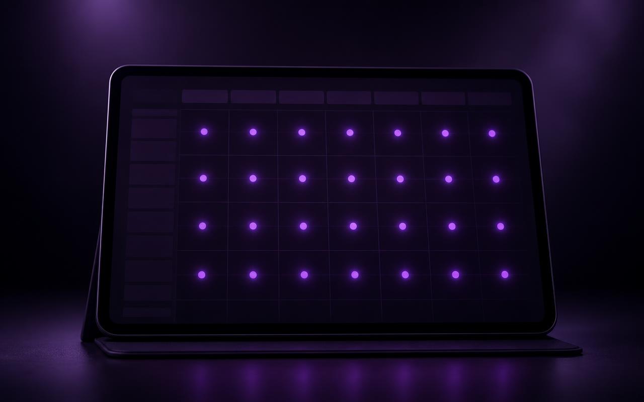 Um calendário editorial numa tela escura, com pontos violeta brilhantes marcando publicações espaçadas em intervalos regulares ao longo das semanas, representando a cadência constante de conteúdo durante um ciclo de venda longo.