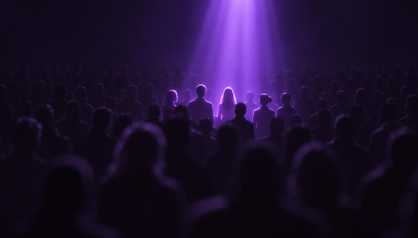 Um feixe de luz violeta vindo do alto ilumina apenas algumas silhuetas em violeta dentro de uma multidão de silhuetas escuras e apagadas, representando o anúncio que acerta o público certo dentro de um público amplo.