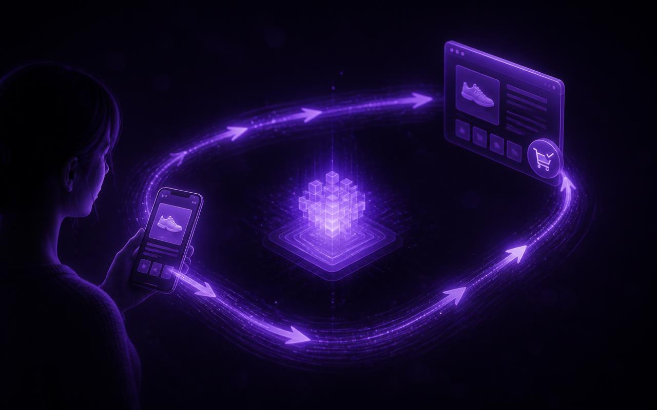 Um ciclo fechado ligando três pontos luminosos violeta no escuro, um celular com um anúncio, uma página com uma compra e um núcleo central que representa o algoritmo, com a luz percorrendo o caminho de ida e volta, representando o circuito de informação fechado pelo pixel.