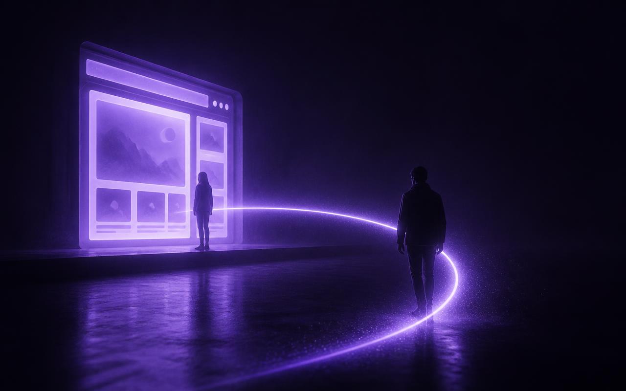 Uma silhueta que se afastava de uma página violeta luminosa sendo trazida de volta por um arco de luz, representando o retargeting: falar de novo com quem já demonstrou interesse.
