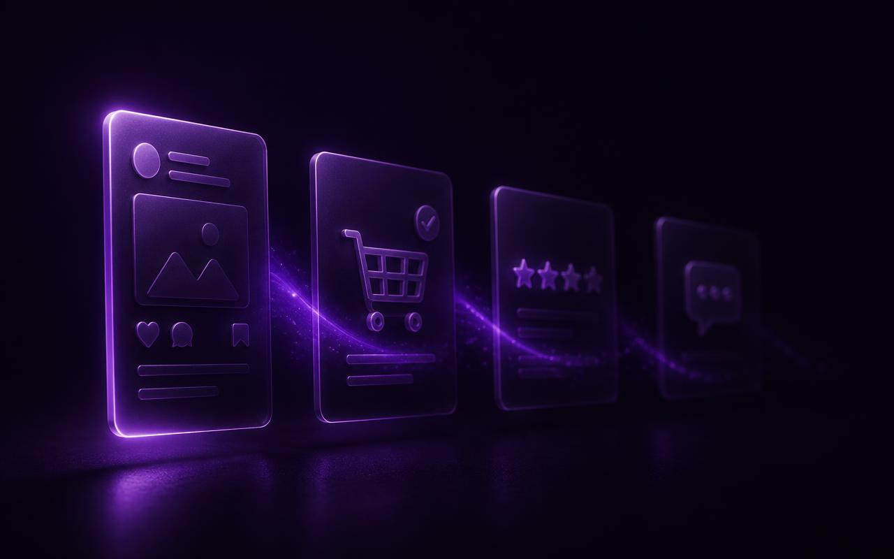 Quatro telas luminosas de interface abertas em leque, do feed social ao carrinho, à tela de avaliação e ao balão de chat, cada uma mais apagada que a anterior.