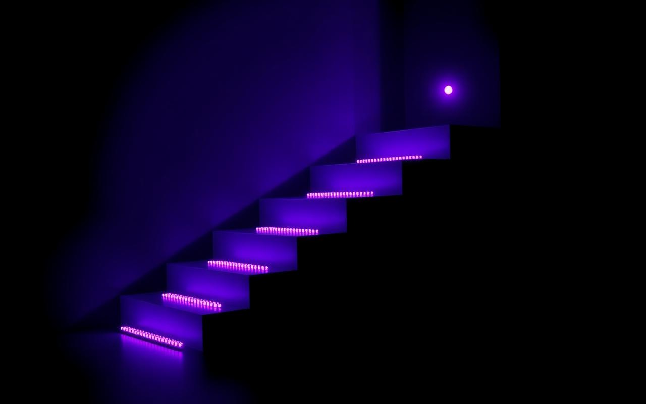 Cinco degraus violetas luminosos empilhados em um fundo escuro, representando as etapas visitantes, contatos, conversas, propostas e vendas.