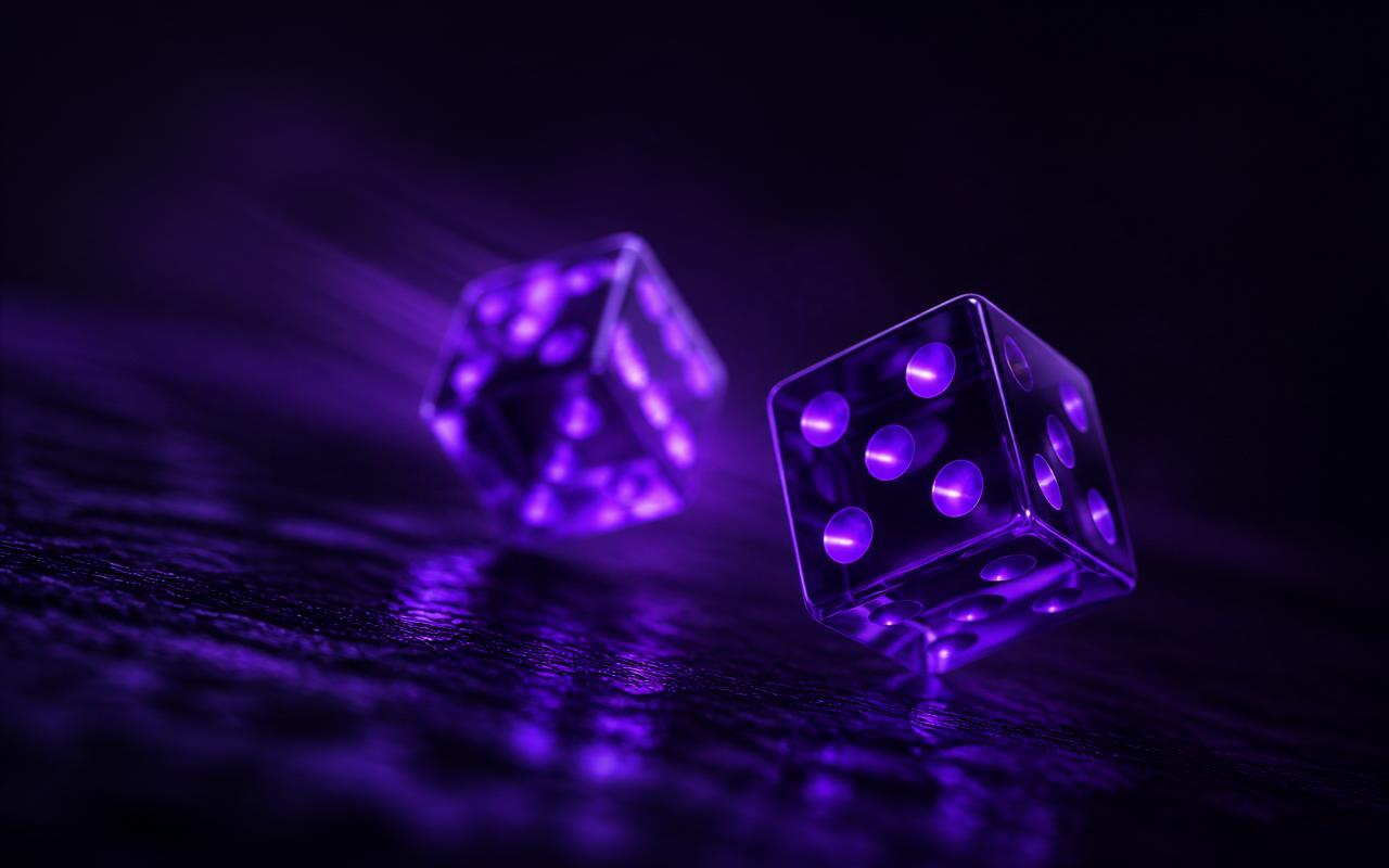 Par de dados violetas luminosos tombando sobre uma superfície escura e reflexiva, com leve rastro de movimento, metáfora de apostar no escuro quando se investe em marketing sem medir o retorno.