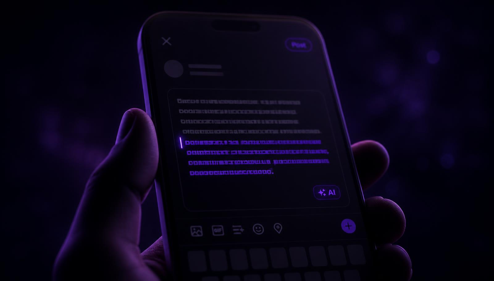 Close de um celular na mão, no escuro, com a tela de um app de rede social aberta na criação de um post: parte da legenda já digitada em cinza apagado e o restante completado por uma sugestão de inteligência artificial em violeta brilhante, com cursor piscando e um pequeno botão de IA no canto do campo de texto.
