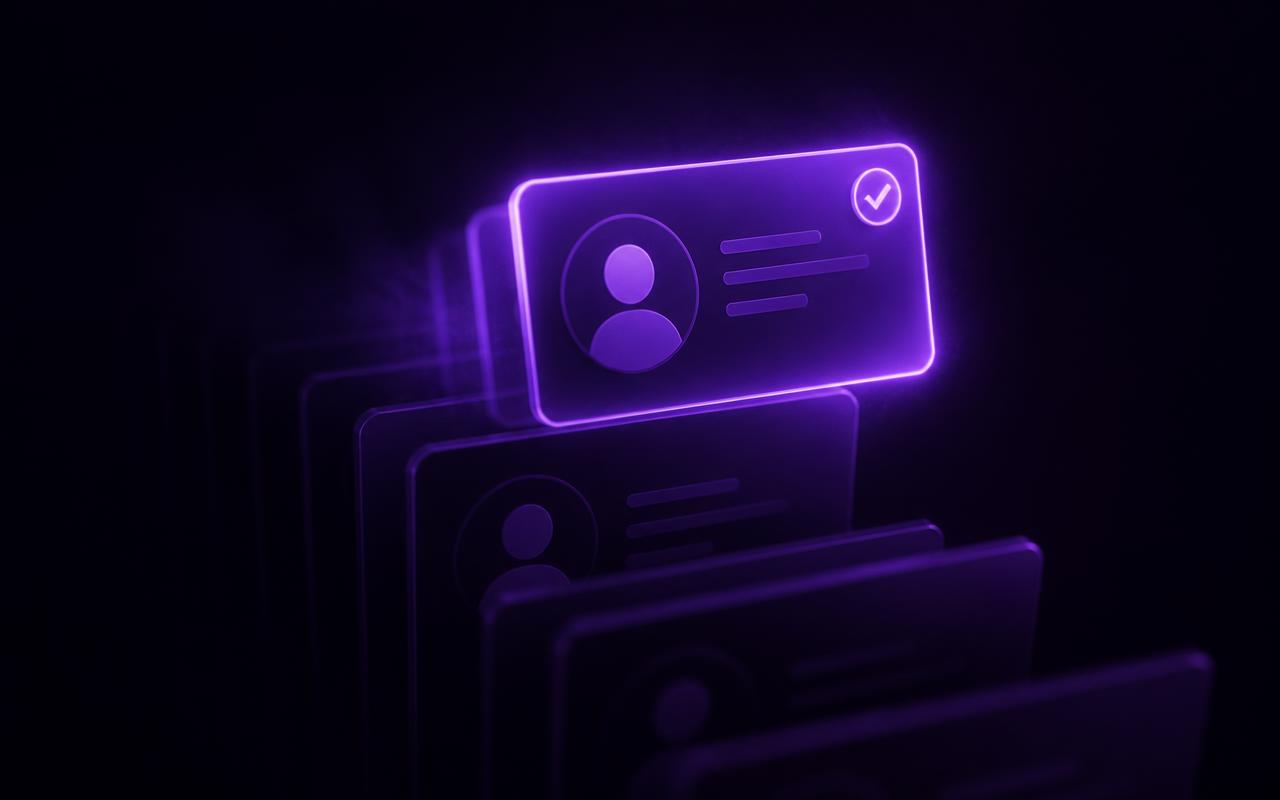 Pilha vertical de pequenos cartões de contato numa tela escura; um cartão sai da pilha iluminado em violeta forte, com um pequeno check, indo para a frente da fila, enquanto os outros escurecem e recuam ao fundo.