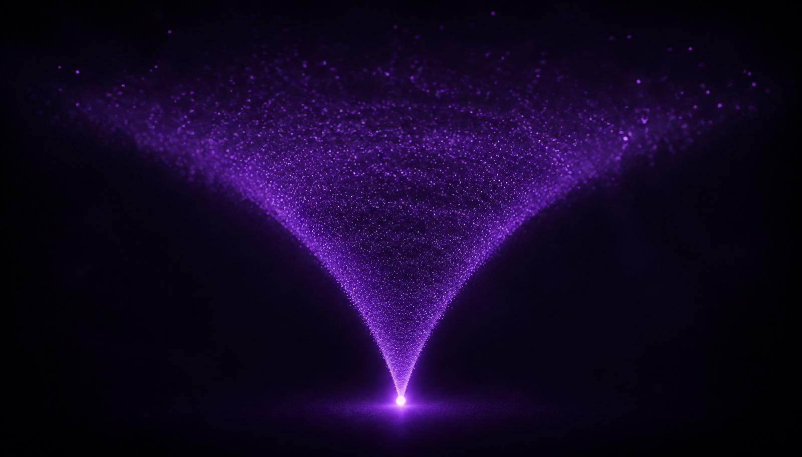Funil luminoso feito de partículas de luz violeta sobre fundo escuro: muitos visitantes no topo convergindo em um único ponto brilhante na base, representando a conversão em venda.