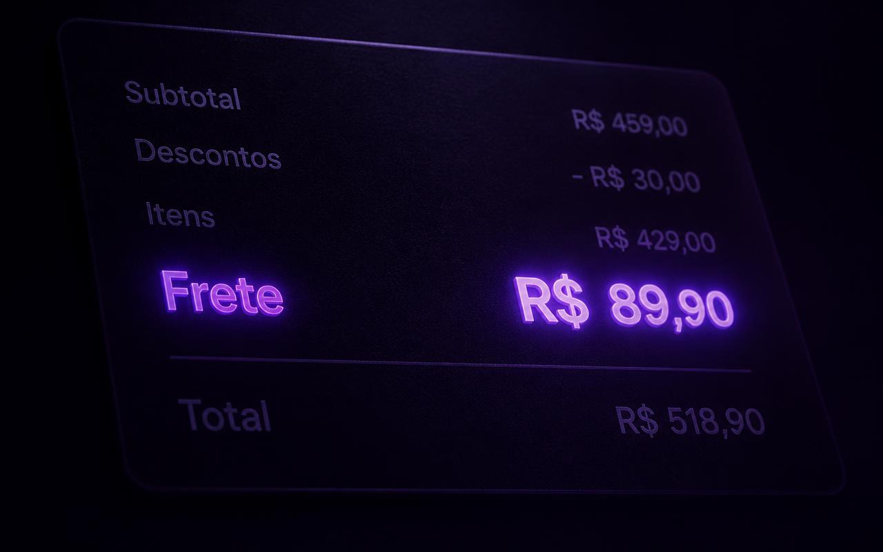 Tela escura de finalização de compra com as linhas de valores apagadas em cinza, exceto a linha do frete, que brilha em violeta e maior que as outras.