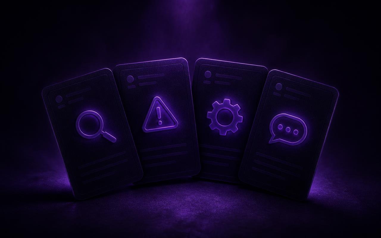 Quatro cartões escuros de interface abertos em leque como um jogo de cartas, cada um com um ícone luminoso violeta diferente: lupa, sinal de alerta, engrenagem e balão de fala.