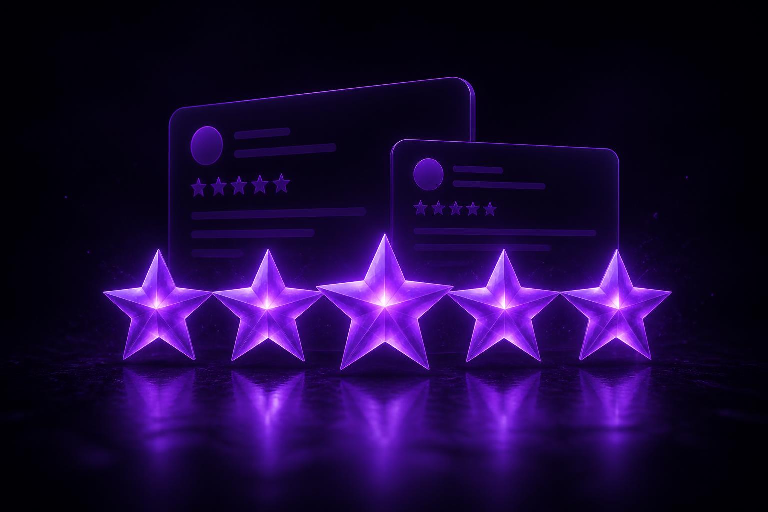 Cinco estrelas luminosas em violeta alinhadas em primeiro plano, com duas cartelas abstratas de avaliação ao fundo, representando reputação e comentários de clientes.