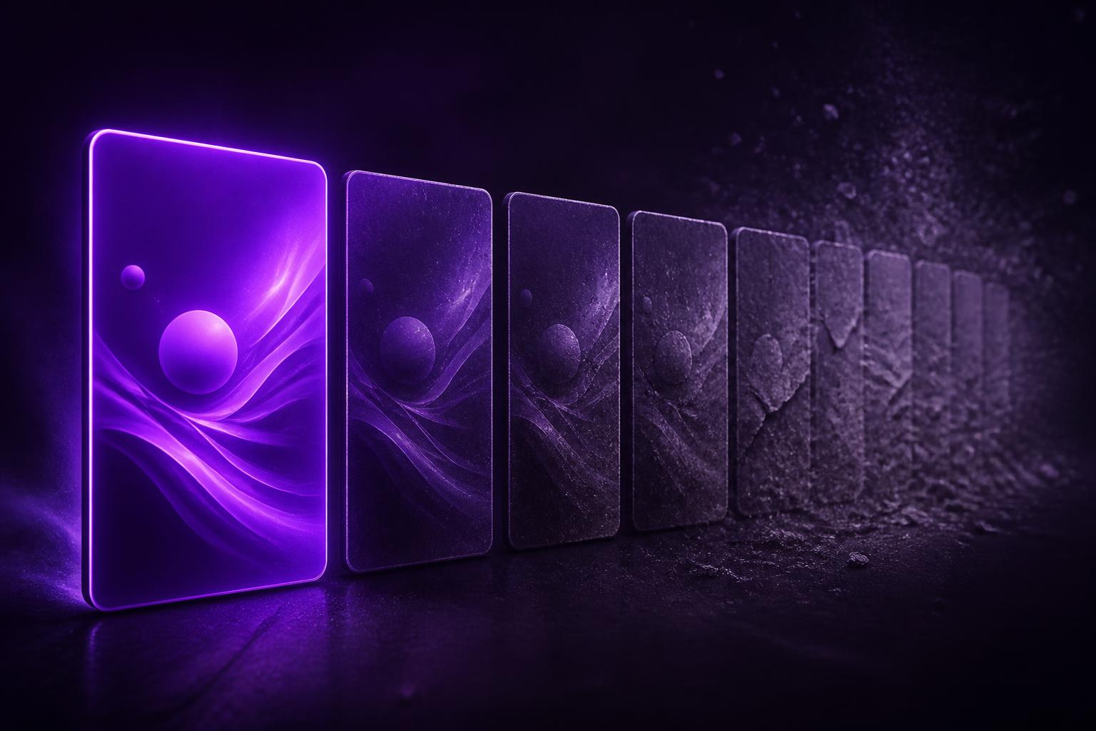 Fileira de cartões de anúncio idênticos em perspectiva: o primeiro vibrante em violeta e os seguintes progressivamente desbotados, rachados e quase cinzas, dissolvendo-se em poeira, visualização da fadiga de criativo.
