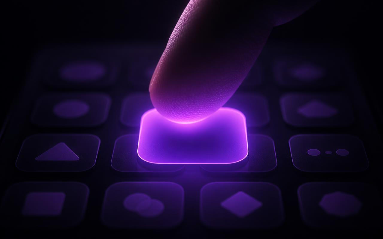 Tela de celular em close mostrando uma grade de ícones de aplicativos genéricos apagados e desfocados no escuro; um dedo toca um único ícone no centro, que aparece nítido, maior e brilhando em violeta, imagem de escolher uma única ferramenta entre várias opções.