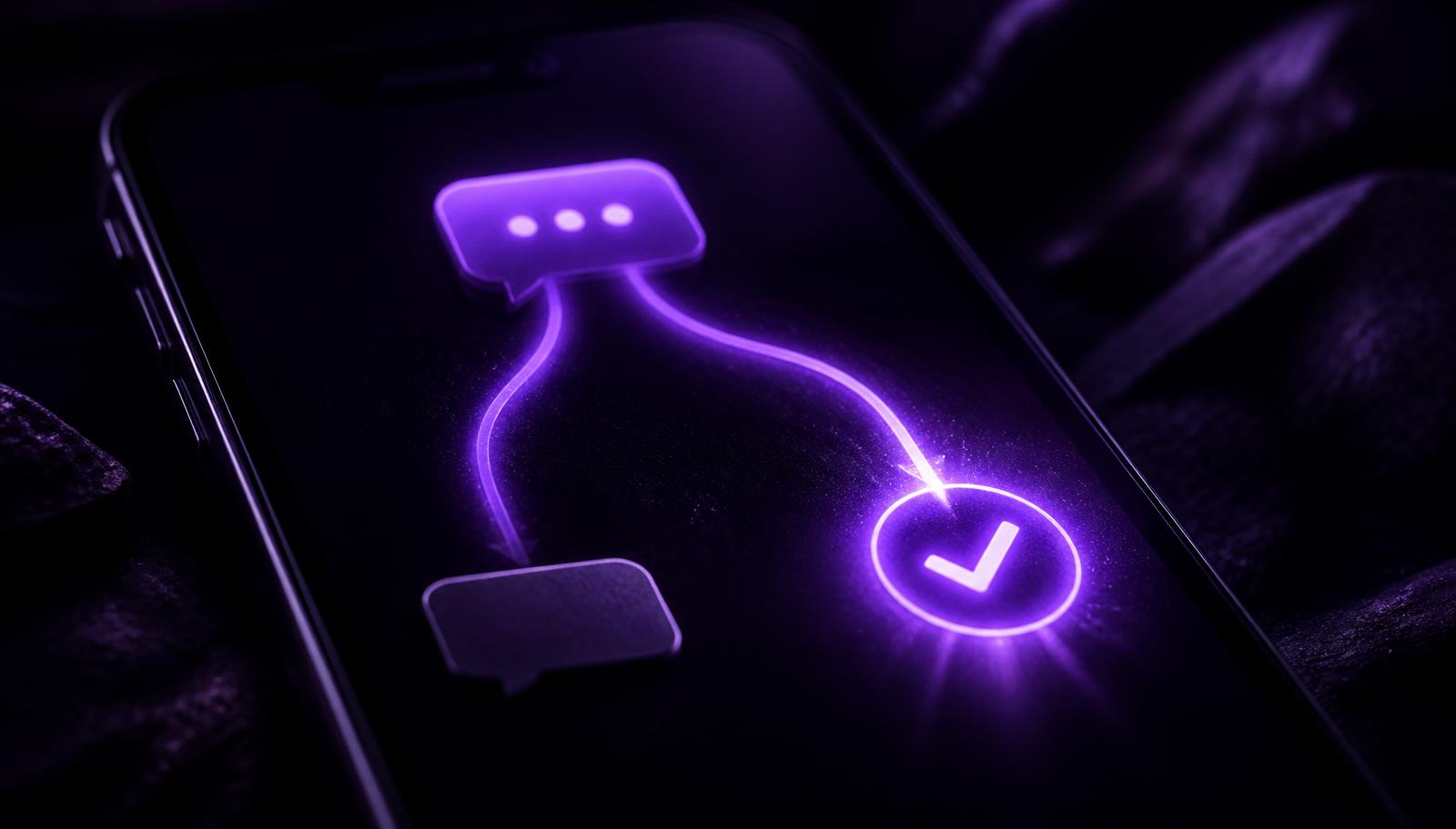 Tela de chat em um celular no escuro onde uma mensagem se bifurca em dois caminhos de luz violeta: o da esquerda termina numa bolha de resposta apagada e sem brilho, o da direita segue adiante até um ícone de tarefa concluída brilhando forte.