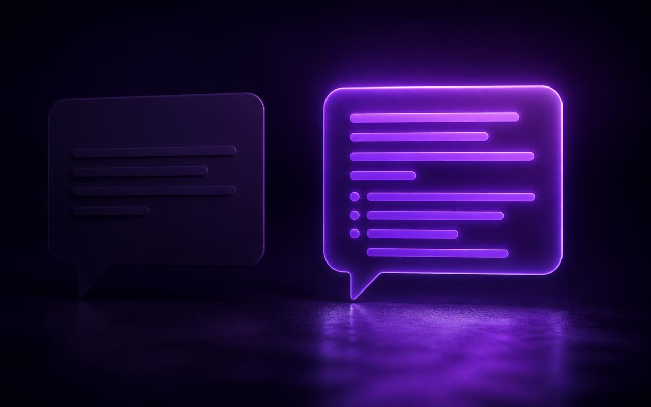 Duas bolhas de resposta lado a lado no escuro: a da esquerda com texto genérico cinza, apagada e sem vida, e a da direita personalizada, brilhando em violeta forte e irradiando luz suave.