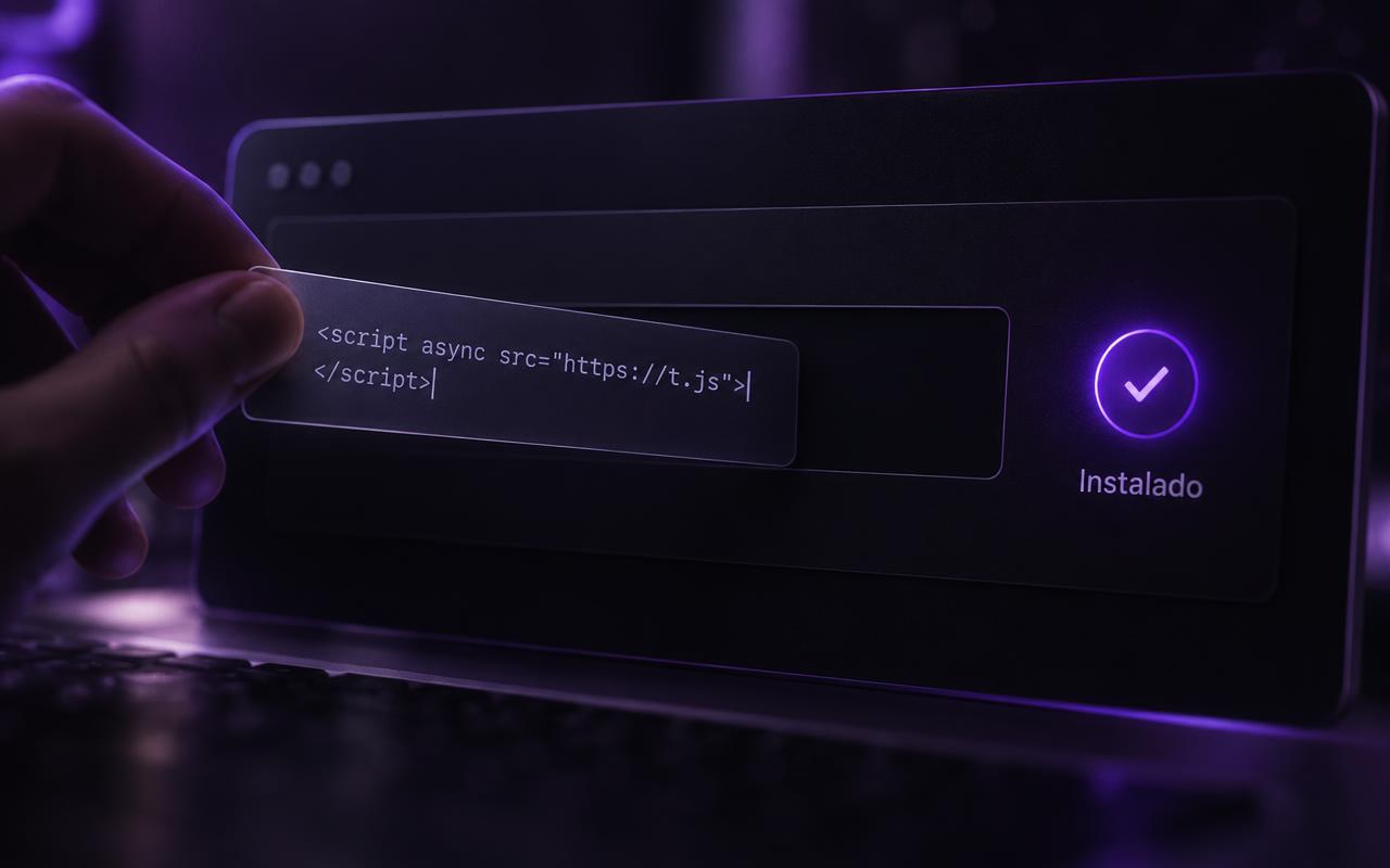 Um campo de configuração simples de um site recebendo um código colado, com uma marca de confirmação violeta acendendo ao lado, representando a instalação do pixel de rastreamento sendo confirmada.