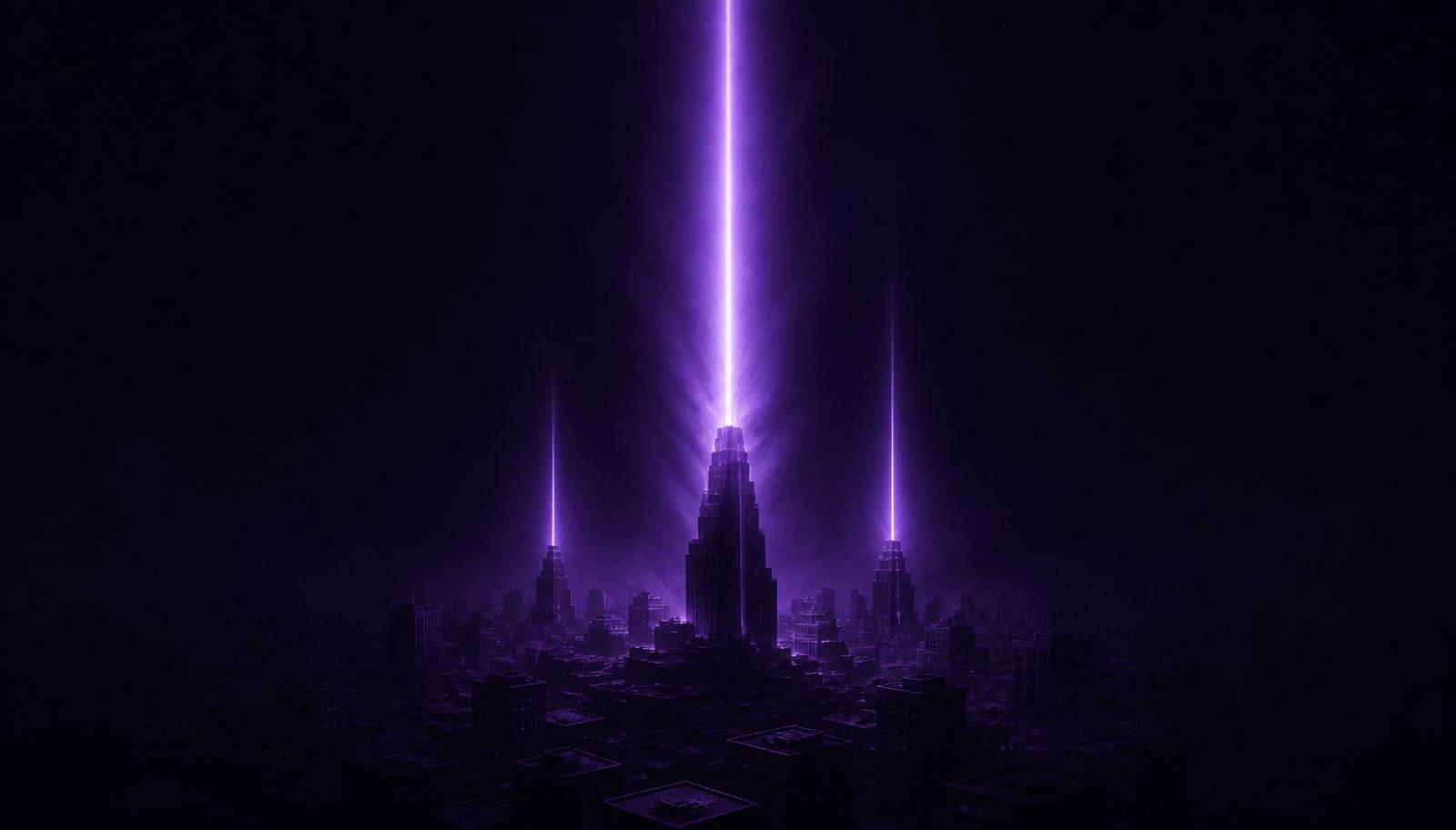 Cidade escura vista de cima com três colunas verticais de luz violeta subindo de pontos distintos; a mais próxima é a mais alta e brilhante, representando o pódio dos três primeiros negócios no mapa.