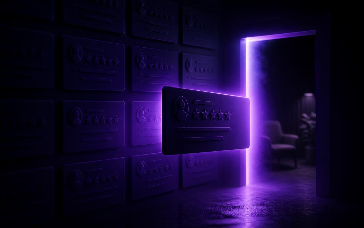 Mural de pequenos cartões de avaliação numa parede escura; um cartão se solta do mural, envolto por um brilho violeta suave, e atravessa uma porta estreita de luz que leva a um espaço privado.