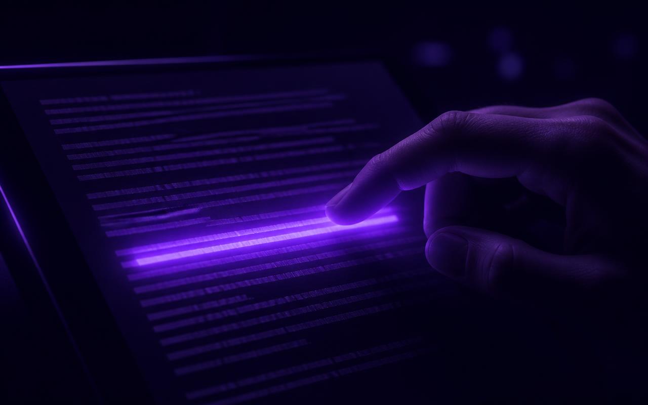 Mão editando um rascunho de texto na tela de um tablet no escuro, com várias linhas de texto ilegíveis em violeta apagado; o dedo toca e destaca um trecho específico que brilha em violeta intenso, cena de revisão humana de um texto rascunhado por inteligência artificial.