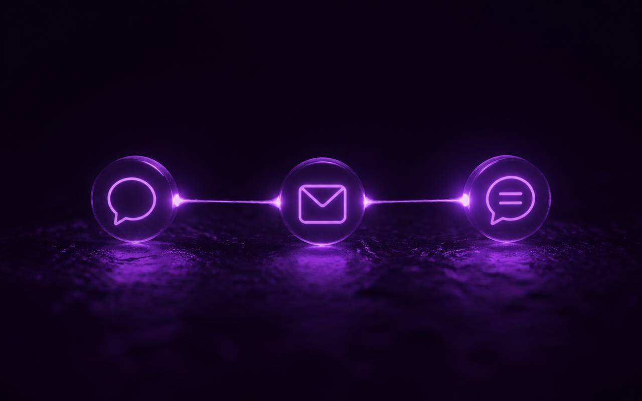 Três pequenos nós luminosos violeta ligados por um fio fino de luz: um balão de comentário, um ícone de mensagem privada e um balão de conversa, acendendo em sequência como um bastão passado adiante.
