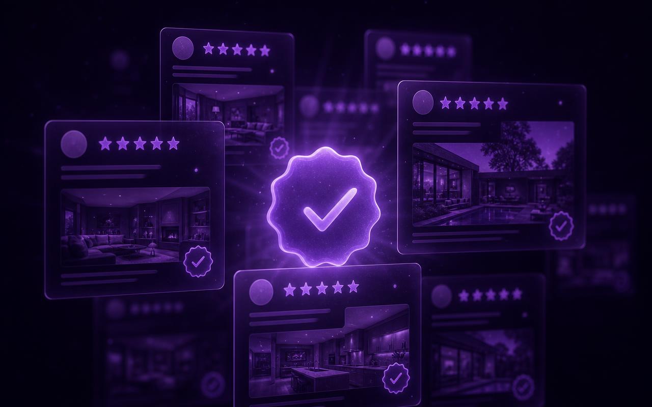 Um conjunto de elementos de prova em violeta no escuro, com cartões de avaliação de cinco estrelas, uma foto de trabalho pronto e um selo de verificado, somando-se em um brilho forte, representando as camadas de experiência e prova que constroem confiança.