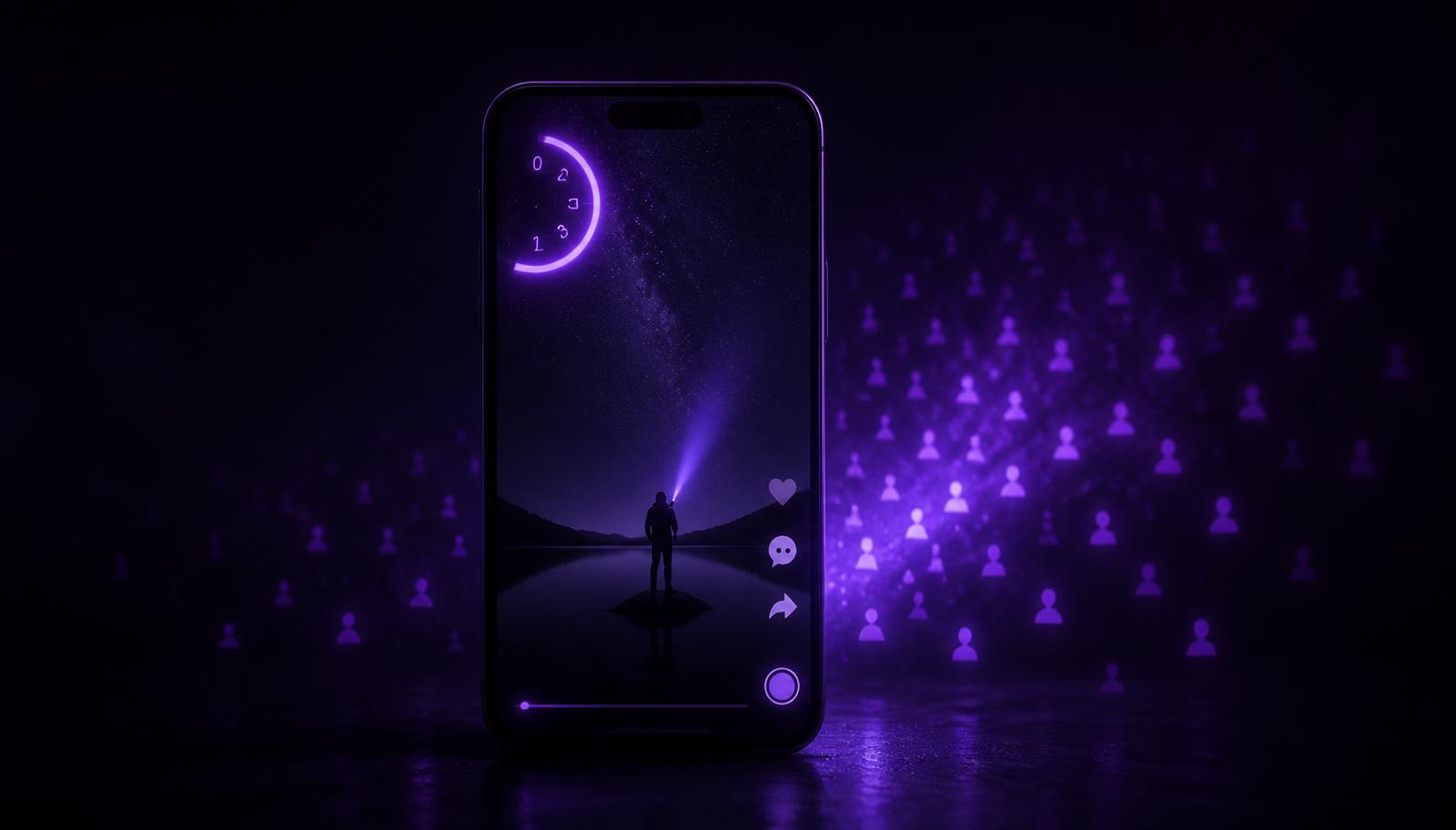 Celular no escuro reproduzindo um vídeo vertical, com um arco luminoso violeta de contagem regressiva marcando os três primeiros segundos no canto da tela, enquanto pequenos pontos de espectadores se multiplicam para fora, em direção ao escuro.