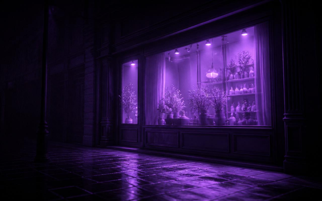Vitrine iluminada em violeta de uma pequena loja à noite, sozinha em uma rua escura e vazia, com a luz refletindo no calçamento molhado: a metáfora do negócio local que se destaca no escuro.
