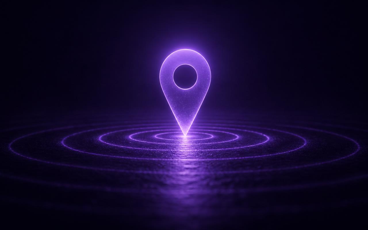 Marcador de localização luminoso em violeta sobre uma superfície escura, emitindo anéis concêntricos de luz que se espalham pela escuridão: a metáfora de um negócio local proeminente irradiando reputação.