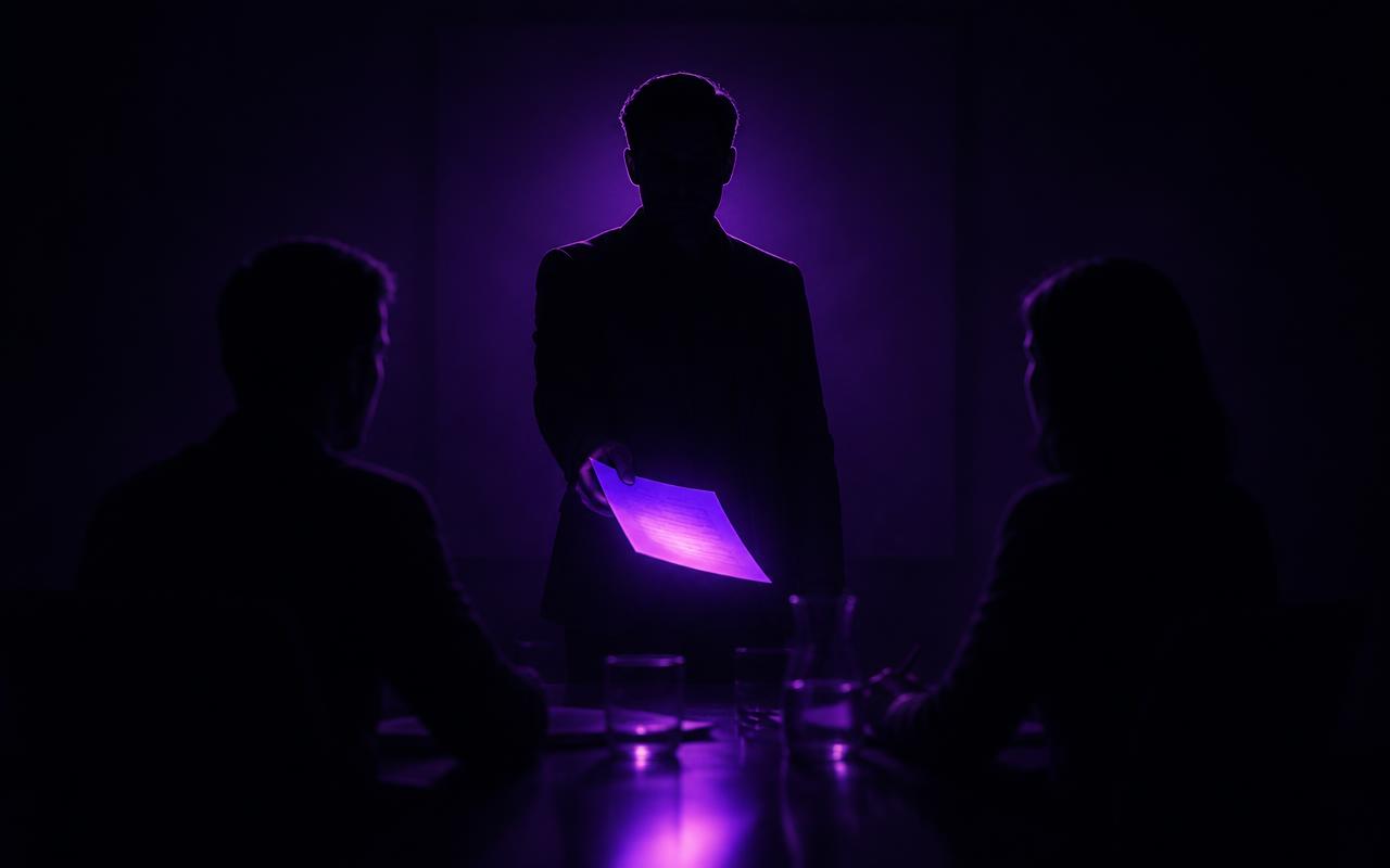 Silhueta de uma pessoa numa sala de reunião escura entregando uma única folha de papel para duas outras pessoas sentadas à mesa, a folha brilhando em violeta no centro, representando o material que o contato leva para convencer o comitê interno do cliente.