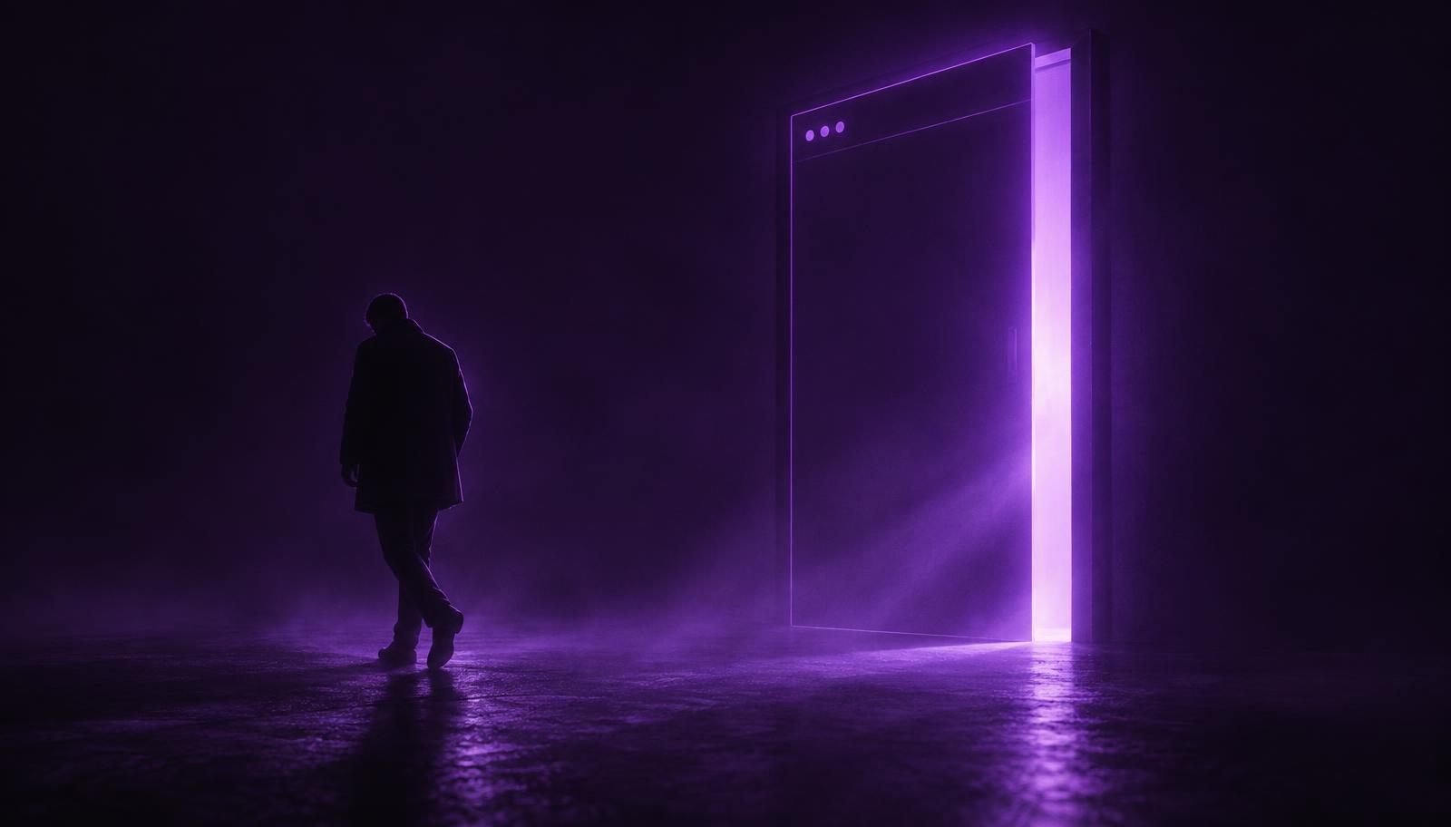 Uma porta violeta brilhante, representando uma página carregando, se abrindo lentamente no escuro, enquanto a silhueta de uma pessoa já está de costas, indo embora antes que a porta termine de abrir, representando o cliente que desiste durante o carregamento da página.