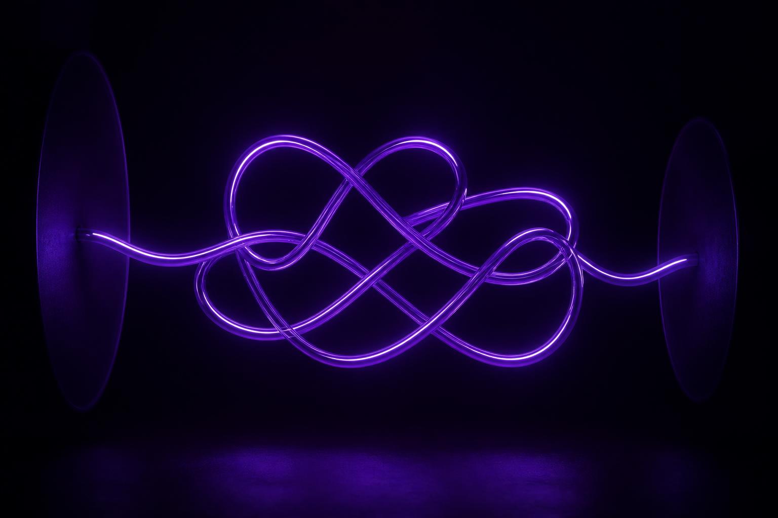 Uma única linha luminosa violeta forma um nó elegante e entrelaçado entre duas zonas implícitas à esquerda e à direita, representando o vai e vem entre exploração e avaliação, o ‘meio bagunçado’ da jornada.