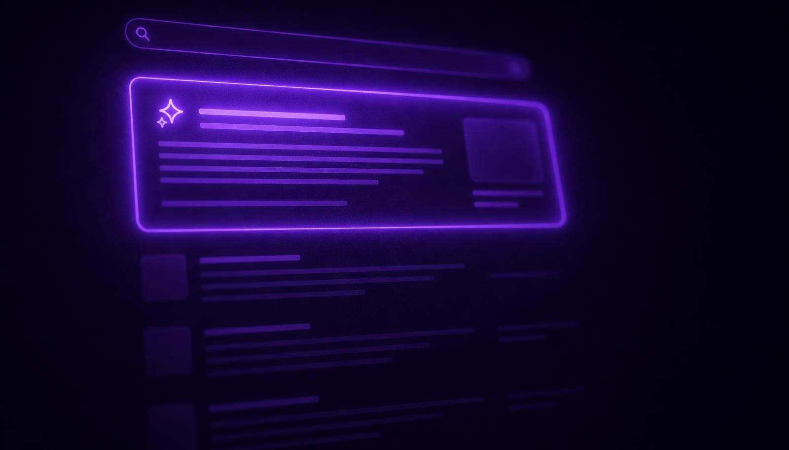 Uma página de resultados de busca em uma tela escura com um painel de resposta violeta em destaque no topo, brilhando acima de uma lista de links tradicionais apagada, representando a resposta com inteligência artificial que aparece antes do clique.
