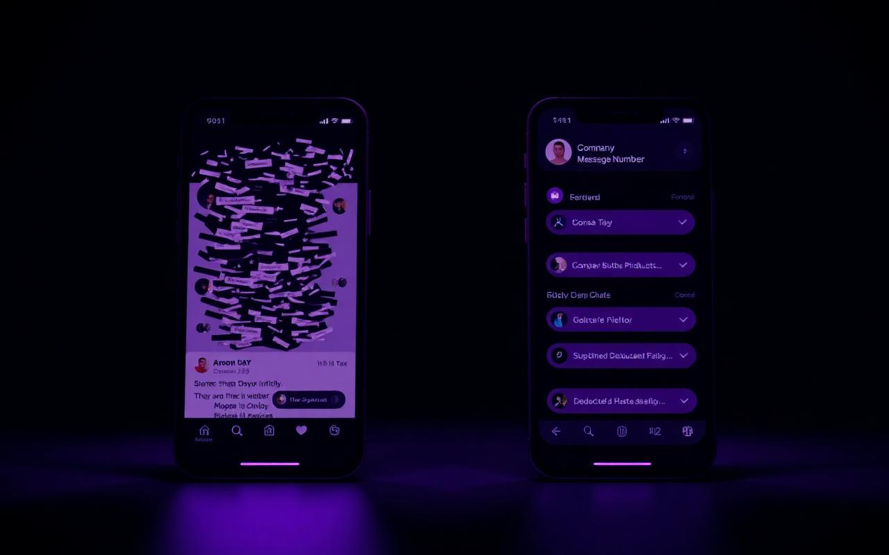 Dois celulares lado a lado no escuro: à esquerda uma lista de conversas pessoais bagunçada, à direita um perfil de mensagens do negócio organizado, com catálogo e cabeçalho da empresa, representando a separação entre o número pessoal e o número do negócio.