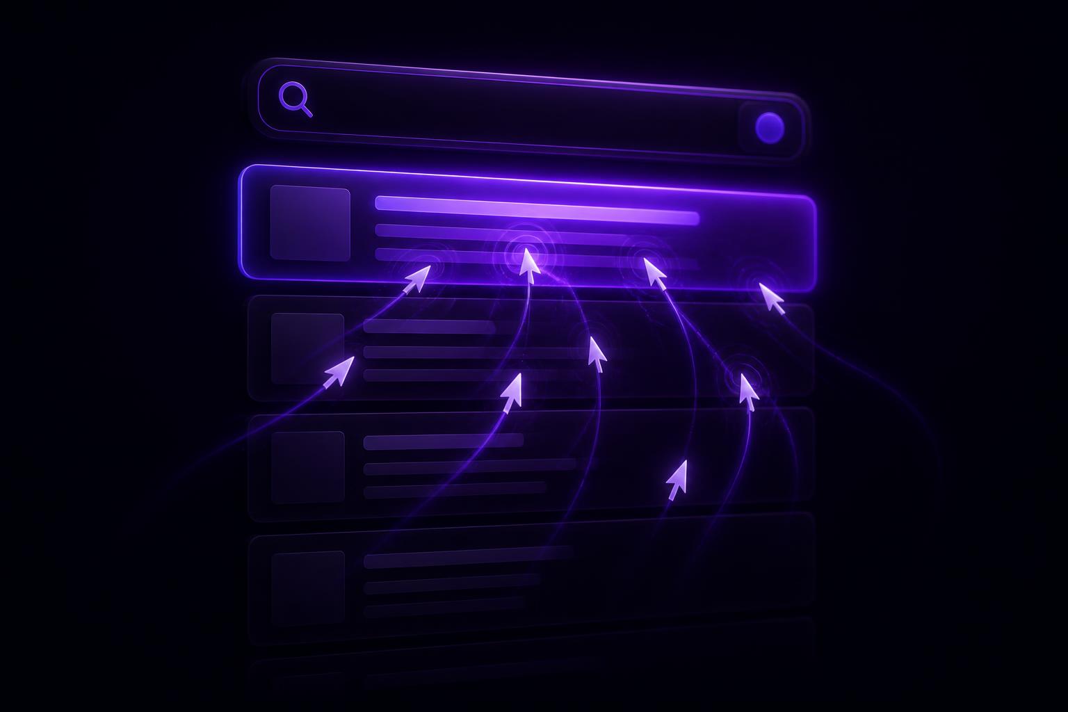 Interface abstrata de busca em fundo escuro: uma barra de pesquisa luminosa em violeta sobre uma lista vertical de resultados, onde o primeiro item brilha mais intensamente e várias setas de cursor sobem em direção a ele.