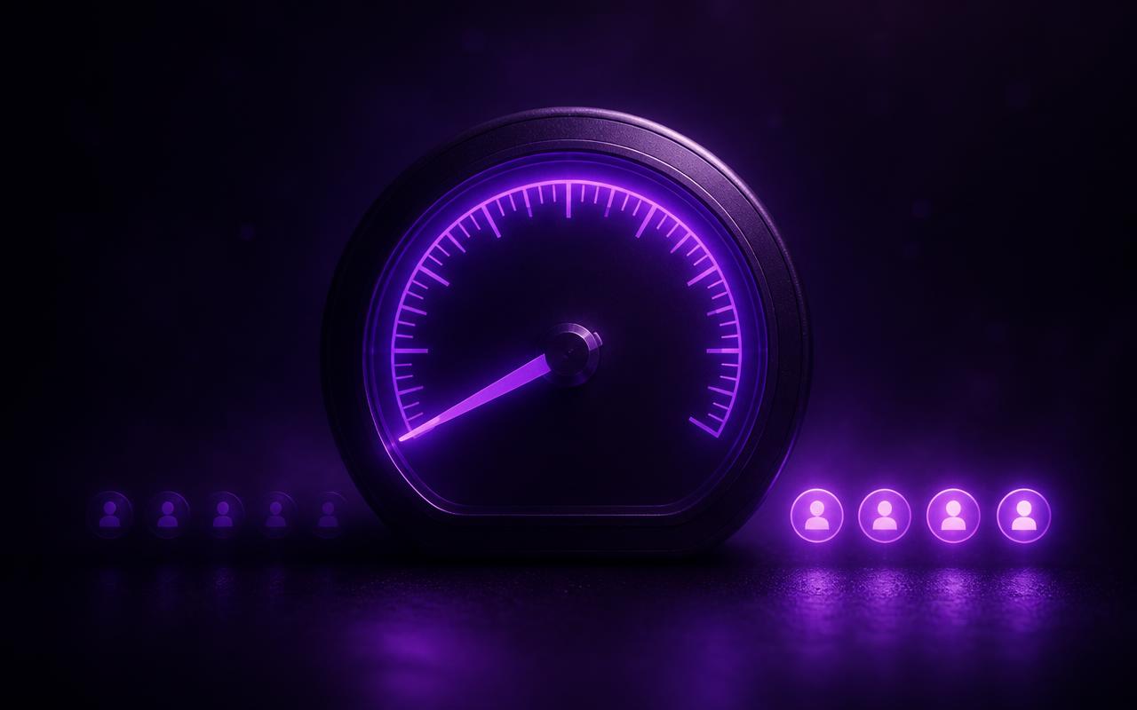 Mostrador luminoso violeta no escuro com o ponteiro descendo, enquanto pequenos pontos de espectadores ao lado ficam mais brilhantes e quentes.