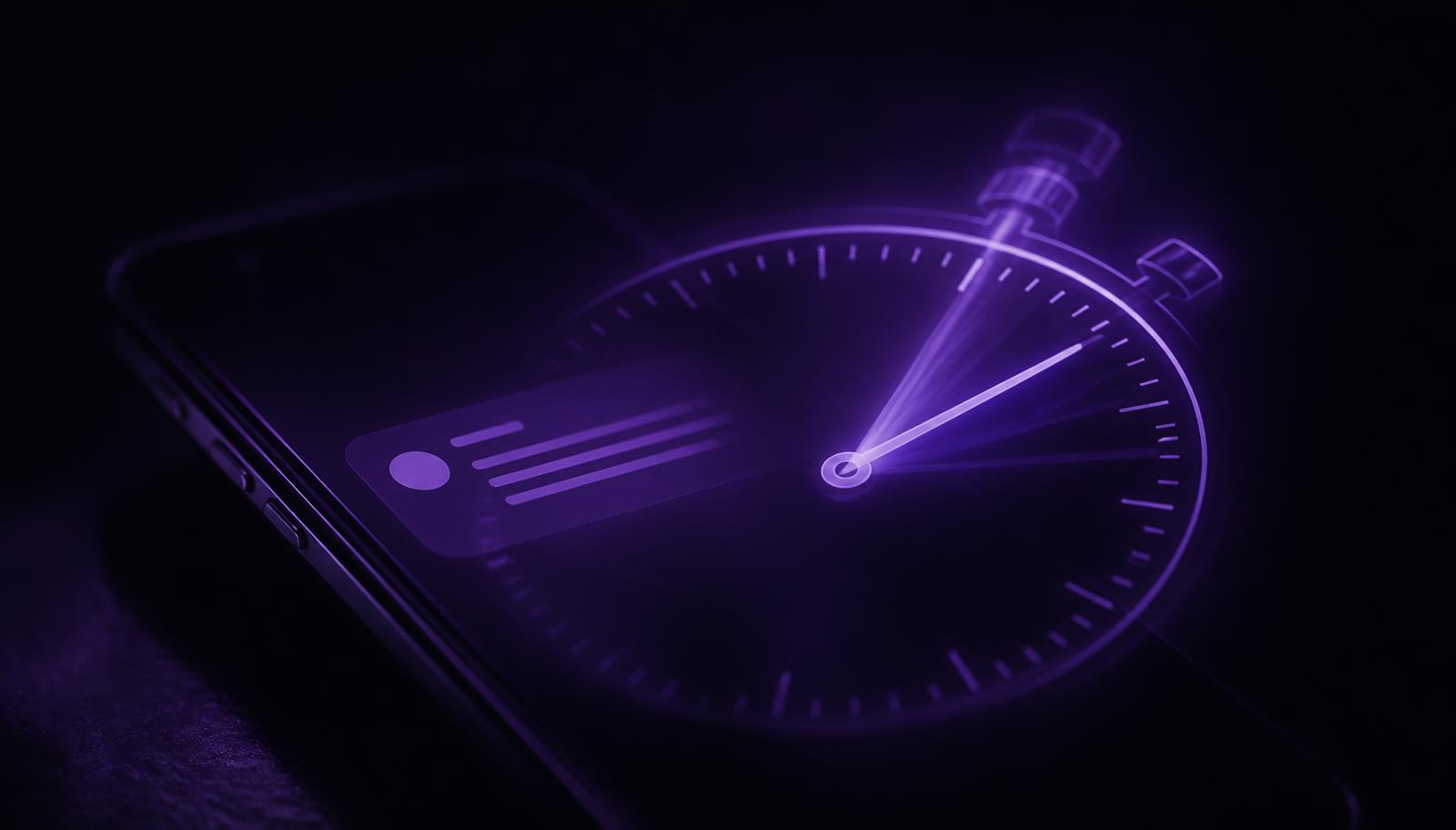 Um celular no escuro exibindo uma notificação de mensagem recebida, com um cronômetro violeta brilhante sobreposto à tela, marcando o tempo que começa a correr assim que a pergunta do cliente chega.