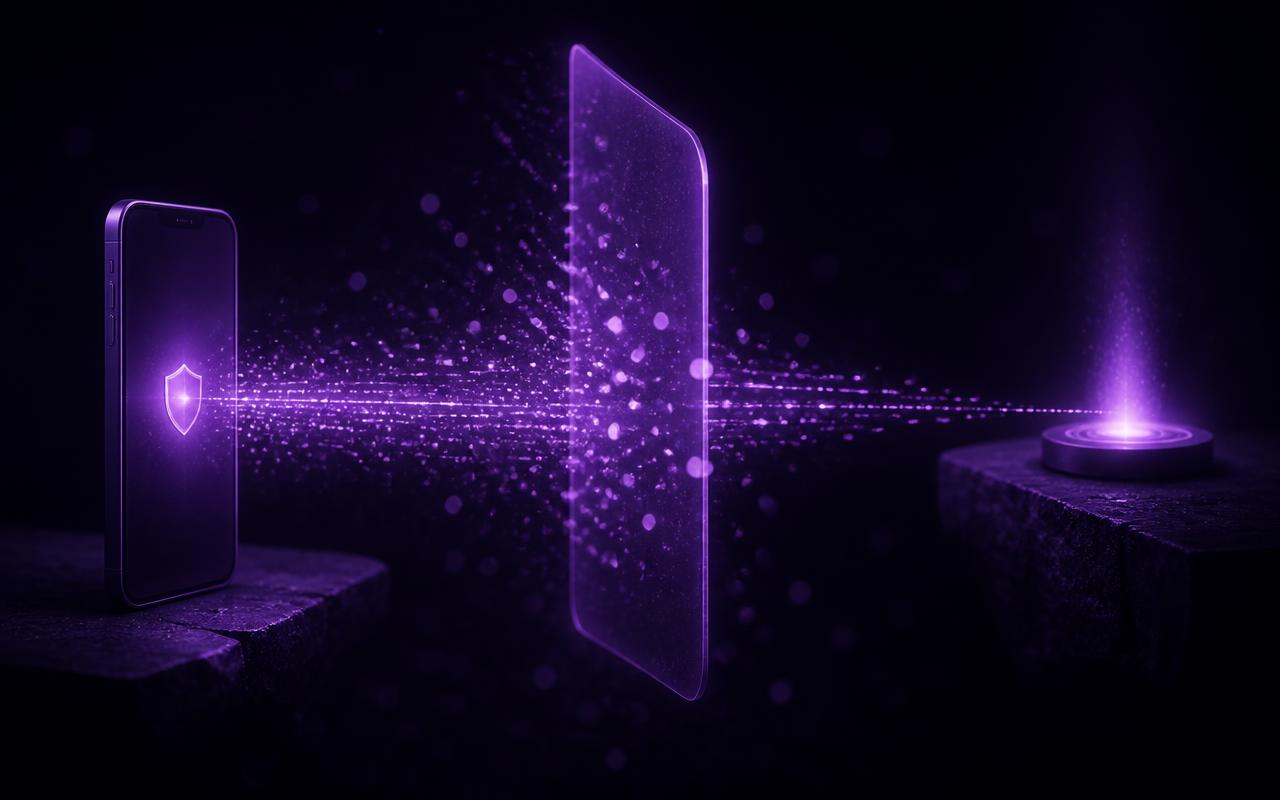 Um fluxo de dados violeta saindo de um celular em direção a um ponto luminoso distante, mas atravessando um escudo de privacidade que bloqueia cerca de metade das partículas, representando os sinais perdidos com a privacidade dos celulares.
