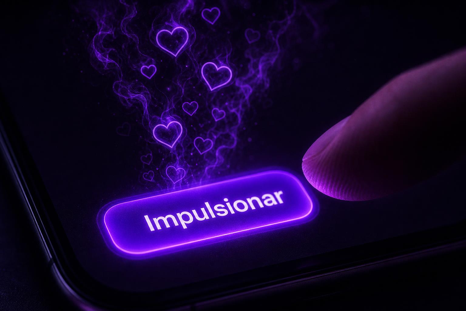 Close-up cinematográfico de uma tela de celular com um botão violeta brilhante escrito "Impulsionar"; um dedo está prestes a tocá-lo enquanto corações em contorno sobem e se desfazem em fumaça violeta, metáfora de pagar por reações vazias.