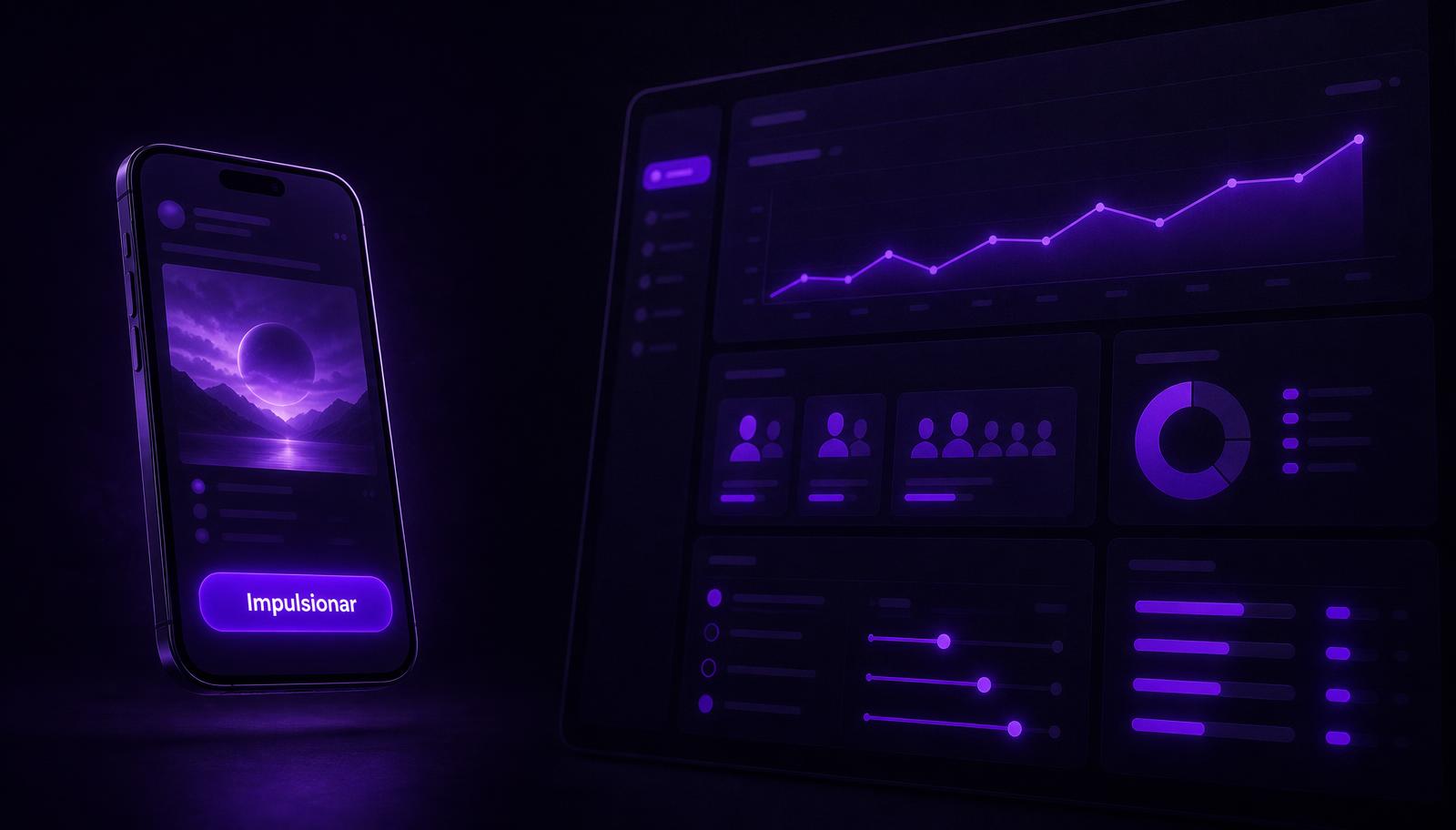À esquerda, um celular mostrando um post com o botão Impulsionar; à direita, o painel de um gerenciador de anúncios com públicos, gráfico e controles de segmentação. O contraste entre impulsionar e rodar uma campanha.