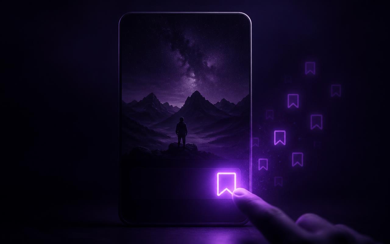 Cartão de vídeo curto numa tela escura de celular, com o ícone de salvar brilhando em violeta forte ao ser tocado por um dedo, e réplicas menores e mais apagadas do mesmo ícone se espalhando para o escuro.