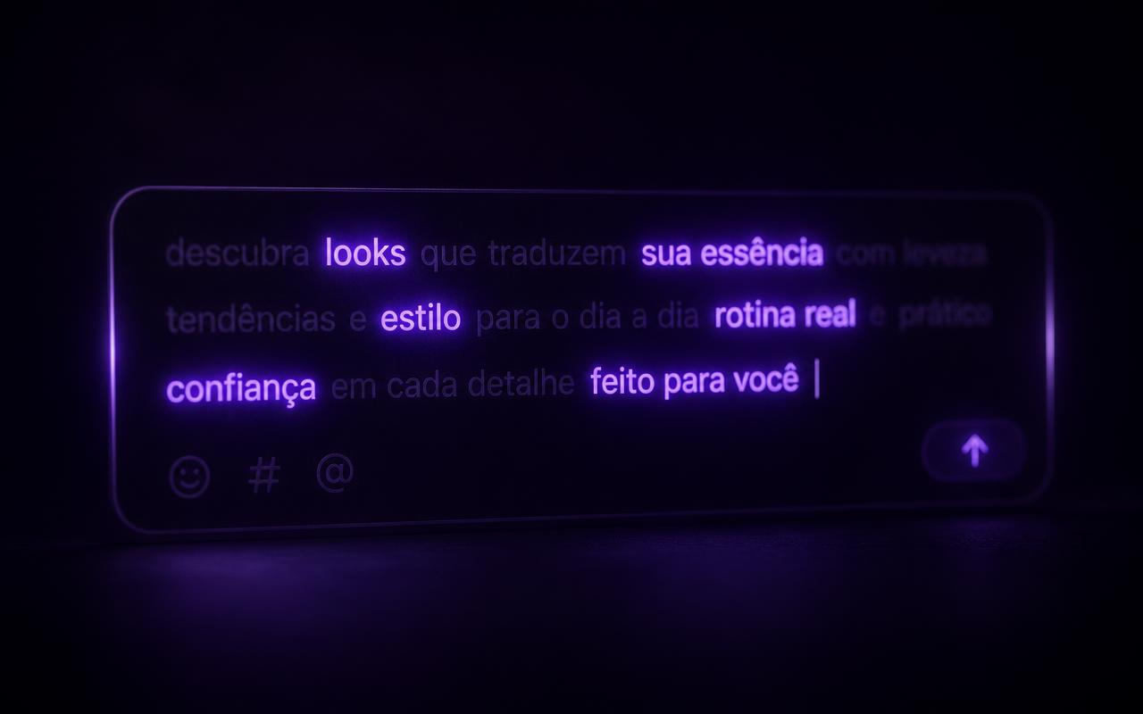 Campo de legenda de vídeo numa tela escura, com várias palavras em cinza apagado desaparecendo e poucas palavras específicas brilhando em violeta forte, como se estivessem destacadas.